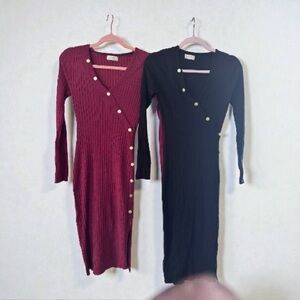 Chic Long Sleeve V-Neck Dress - Black and Burgundy